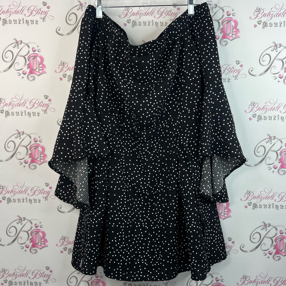 Showpo dress bell bottom sleeve dots Black and White Polka Dot Long Sleeve Dress